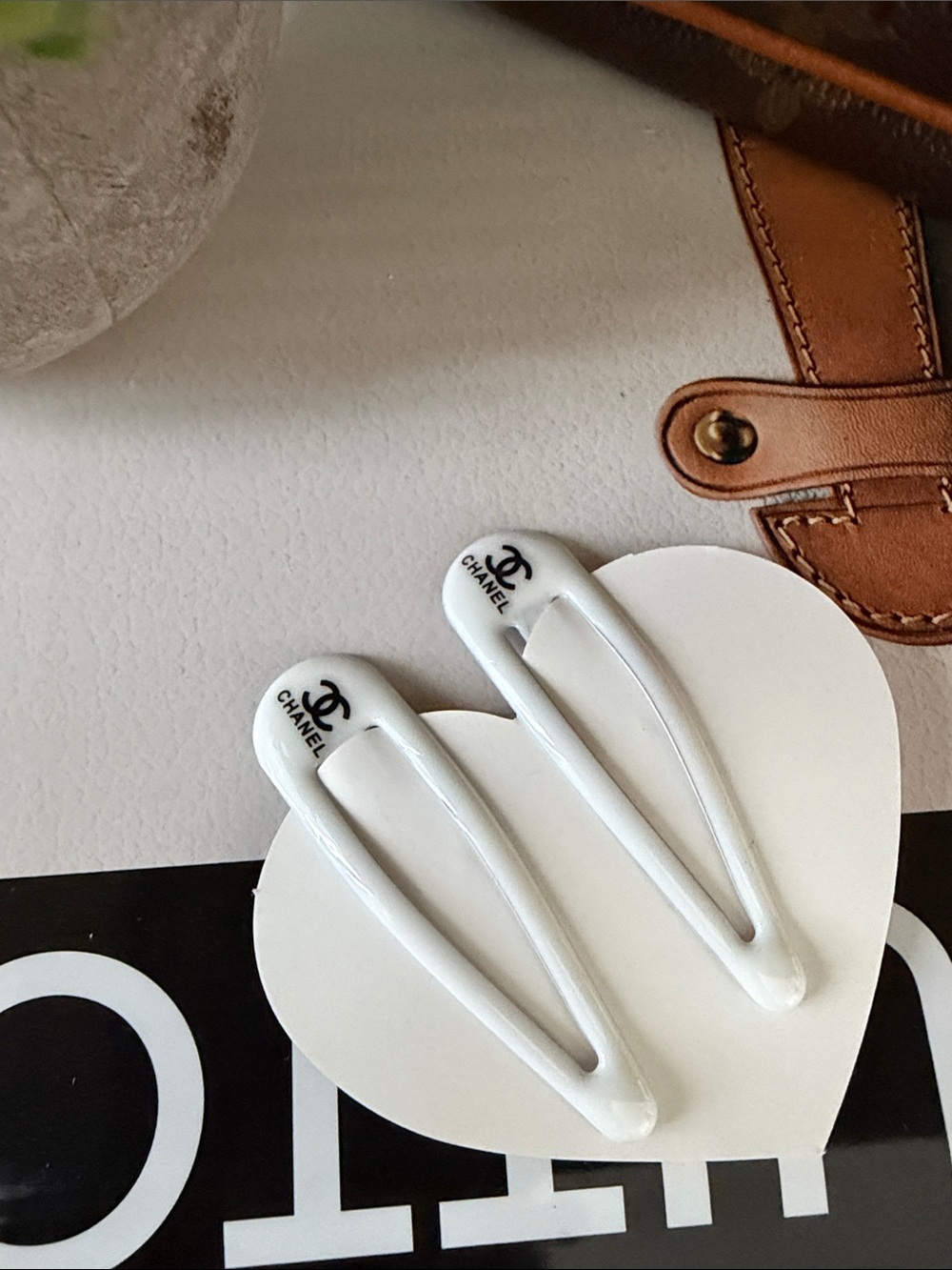 Handmade CHANEL White Logo Snap Hair Clips - Pair